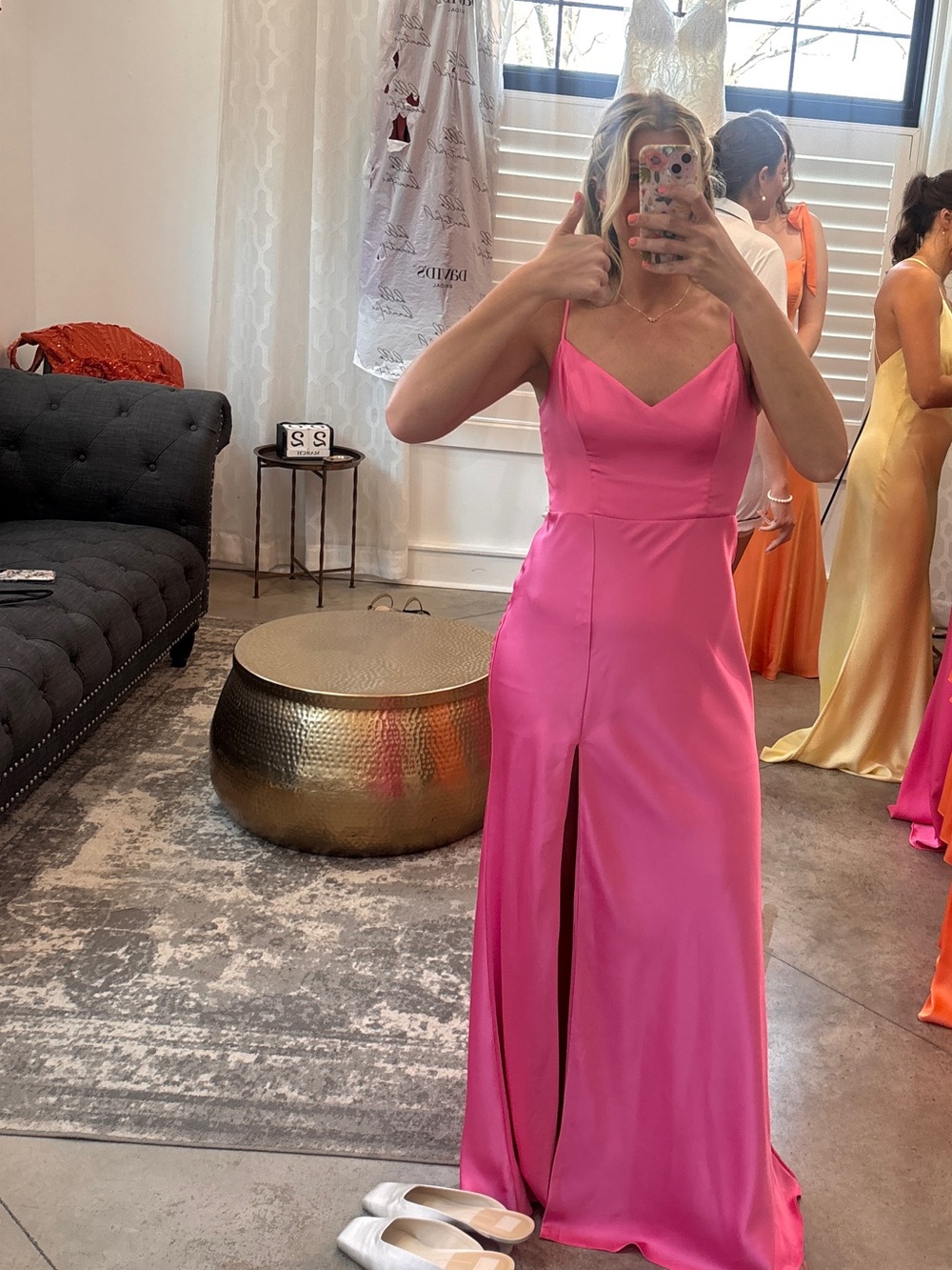 Pink Satin V-Neck Evening Gown with Front Slit